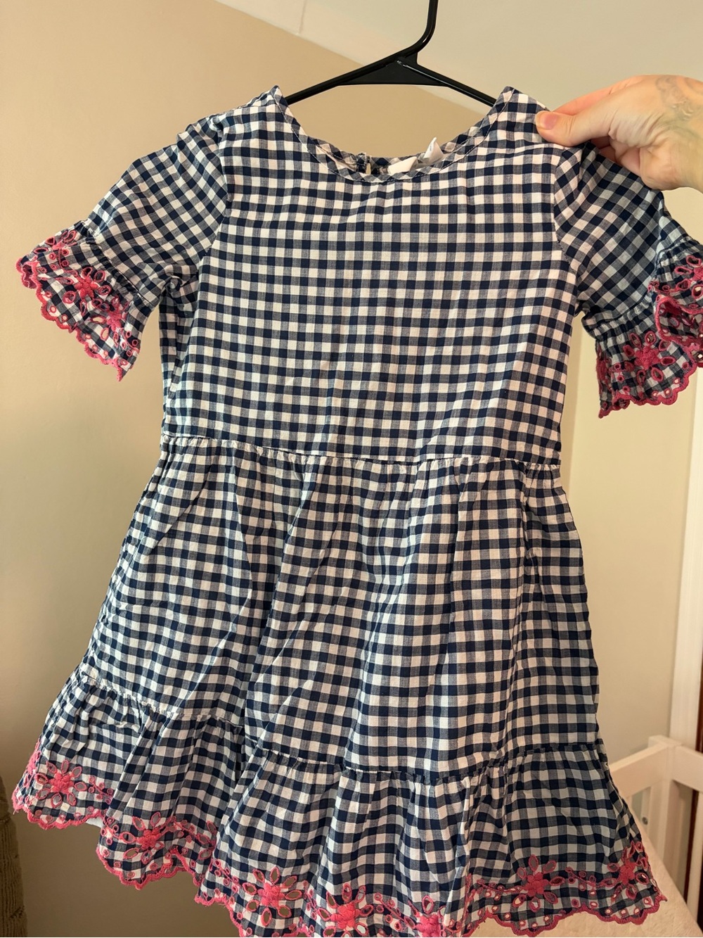 Gap x Sarah Jessica Parker navy white gingham dress with pink eyelet trim